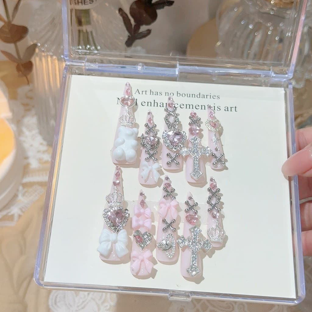 10 peças de unhas postiças feitas à mão estilo Gyaru, reutilizáveis, cor-de-rosa Shibuya com renda, tamanho personalizad