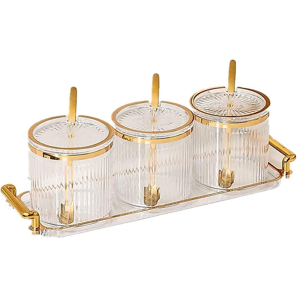 Potes e Caixa de Acrílico para Condimentos e Especiarias com Tampas, Colheres, Bandeja - Conjunto de 3 Peças, Recipiente
