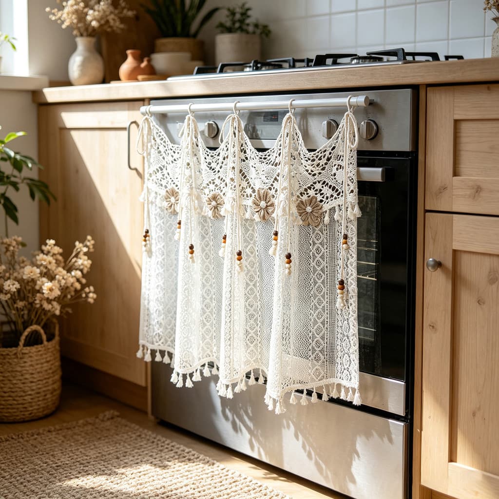 Boho Crochê Macrame Forno Cortina Para Cozinha Borlas Meia Janela Gravata Superior Floral Bohemia Toppers Armário Máquin