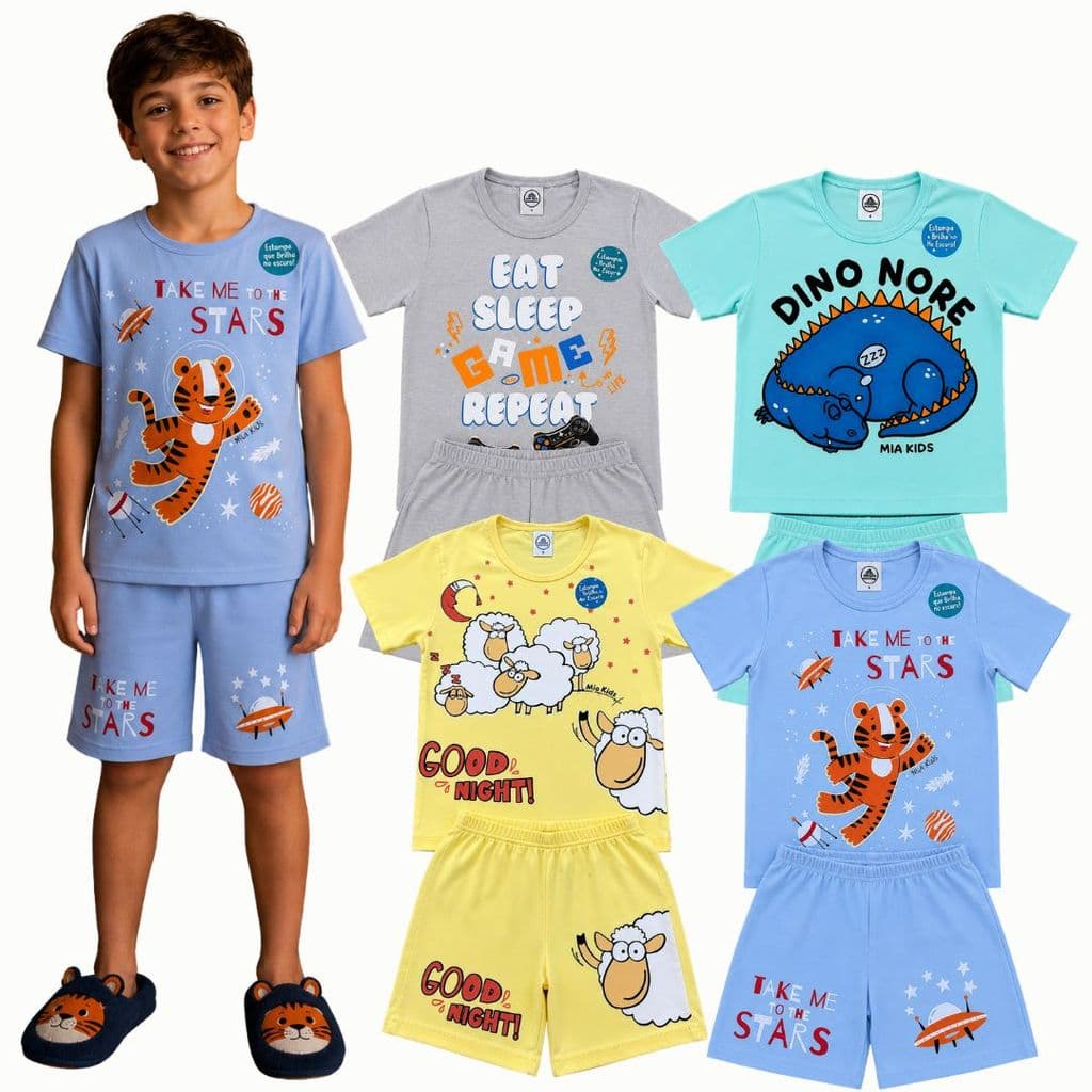 Kit Sortido 4 Peças Pijama Infantil Menino Manga Curta 2 ao 10 - 2 Conjuntos Pijamas Infantil para Meninos