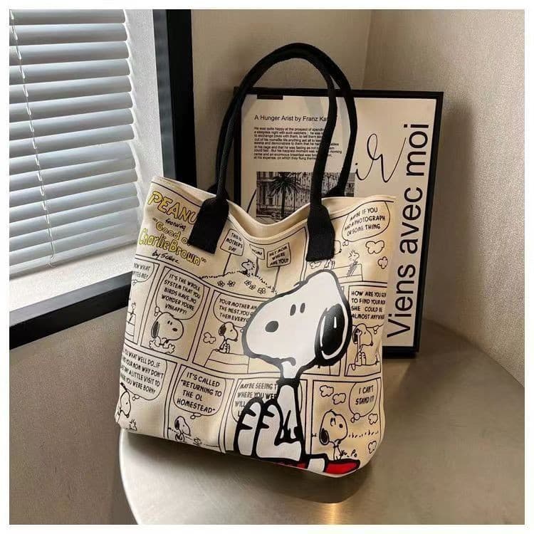 Bolsa de lona Snoopy fofa, bolsa feminina de verão de grande capacidade com desenho moderno.