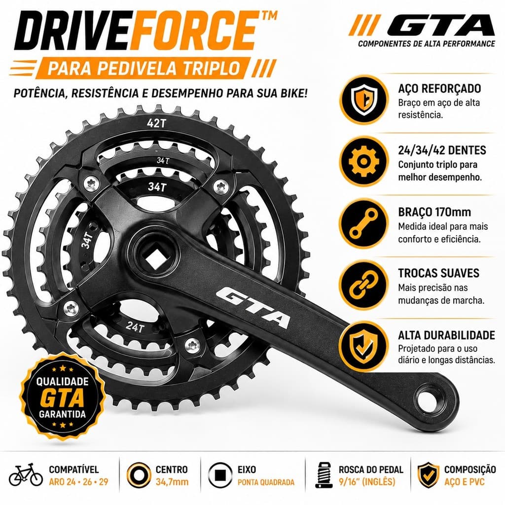 Pedivela Triplo GTA 24/34/42D Braço 170mm Ponta Quadrada