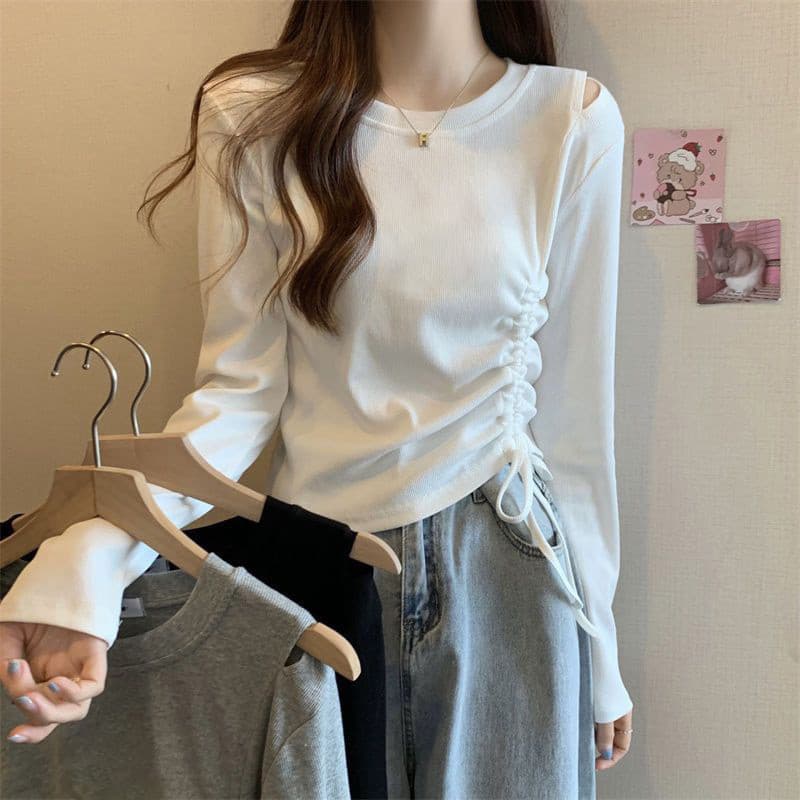 Primavera verão de manga comprida camiseta feminina mais magro olhar camisa de fundo com cordão camisa de fundo fino-aju