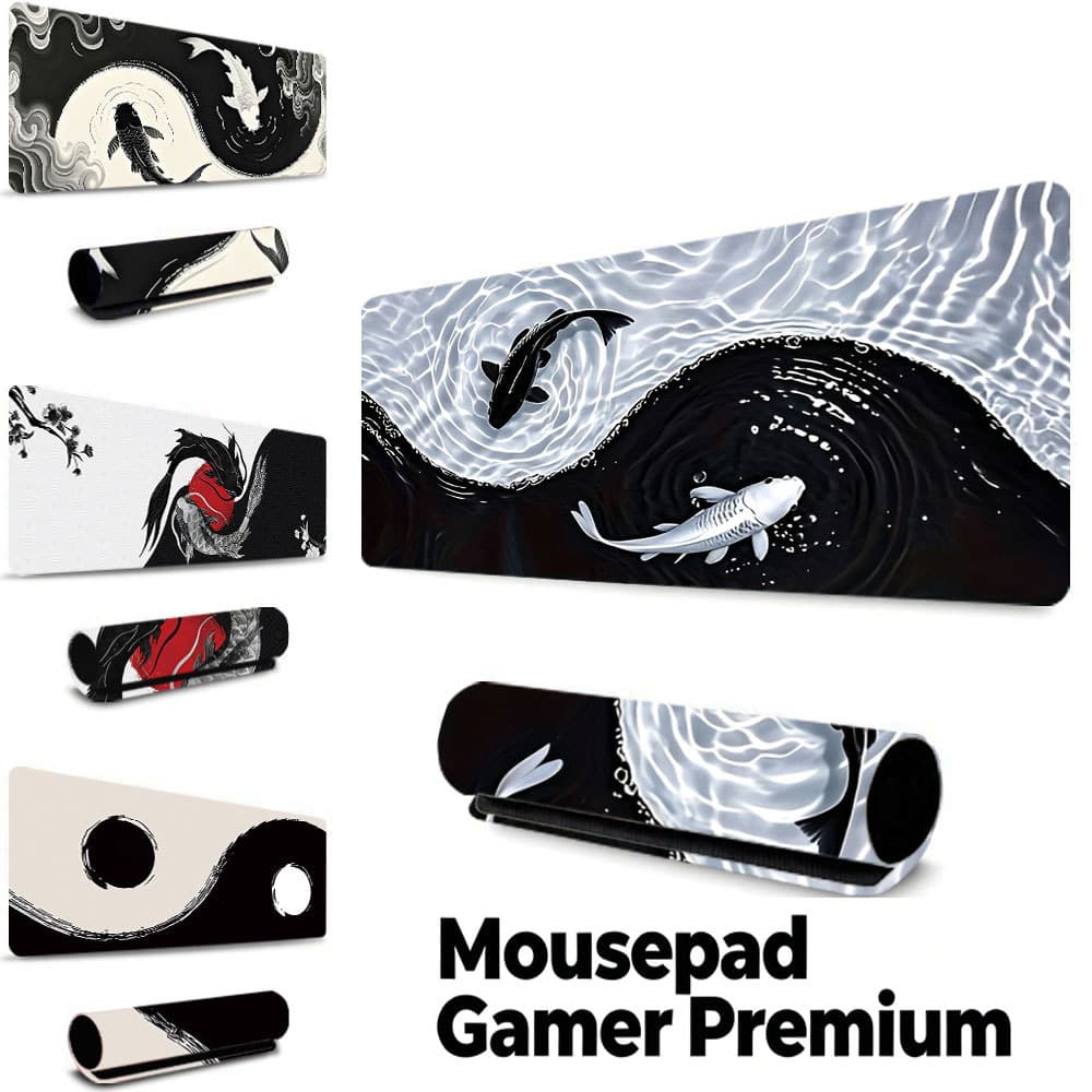 Tapete Gamer Peixe Koi Yin Yang Preto Branco, borda costurada, base borracha antiderrapante, à prova d'água mesa
