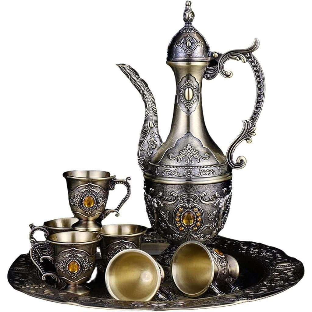 Conjunto Vintage de Cafeteira e Xícaras Turcas, Conjunto de Chá Incluindo Bule, Bandeja de Chá e Xícaras de Metal para D