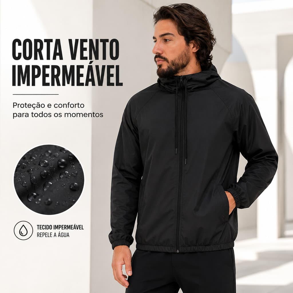 Jaqueta Corta Vento Masculina Preta Semi Forrada Impermeável Lisa Com Bolsos E Capuz Conforto
