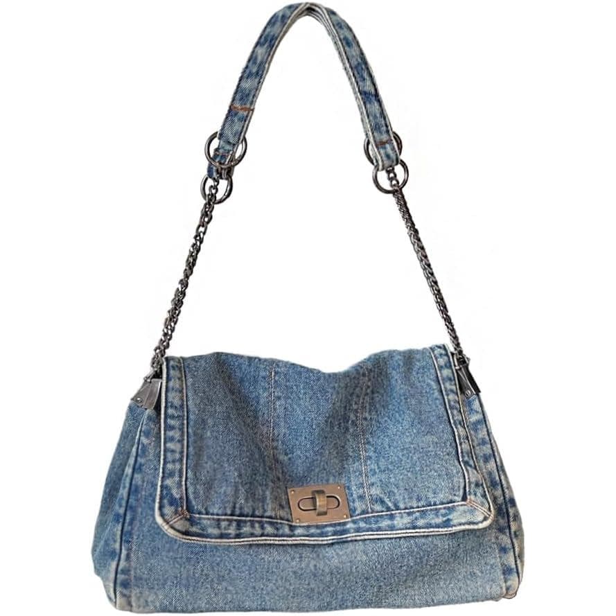 Bolsa de Ombro de Denim Feminina KlaOYerDenim com Alça de Corrente Ajustável, Bolsa Transversal Estilo Y2k Fashion Wande