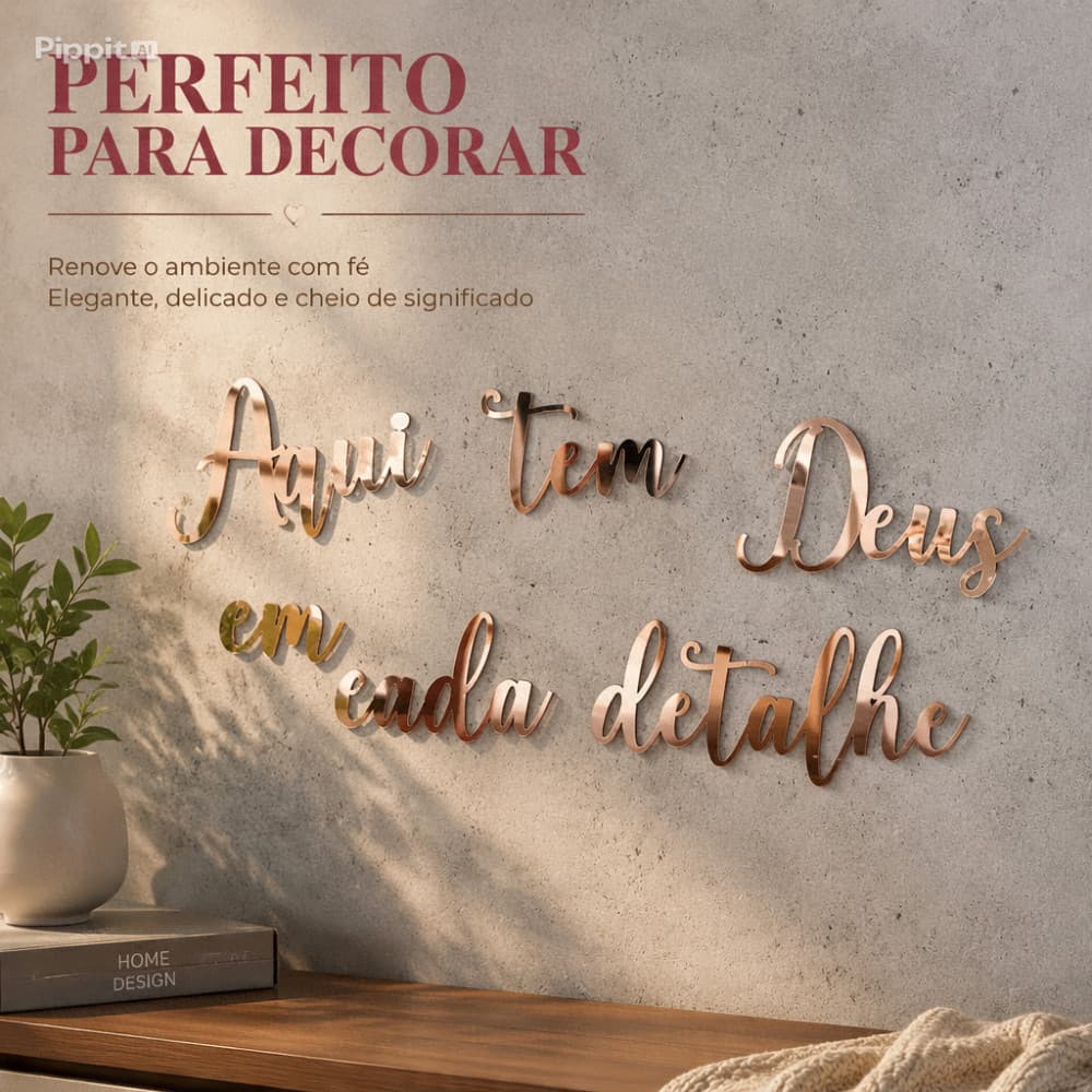 Frase Decorativa Religiosa Aqui tem Deus Acrílico Espelhado 40cm Promoção