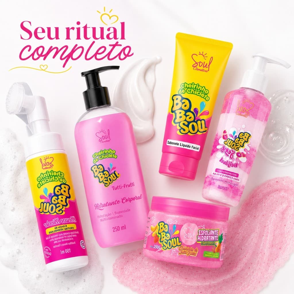 Kit Cuidados Facial e Corporal 5 Itens Sabonete Mousse Micelar Hidratante Esfoliante Cheirinho de Chiclete