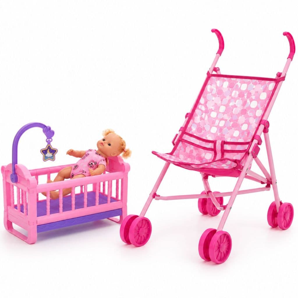 Brinquedo Boneca Bebê Berço Mágico com Móbile Presente pra Menina Kit com Carrinho de Bonecas