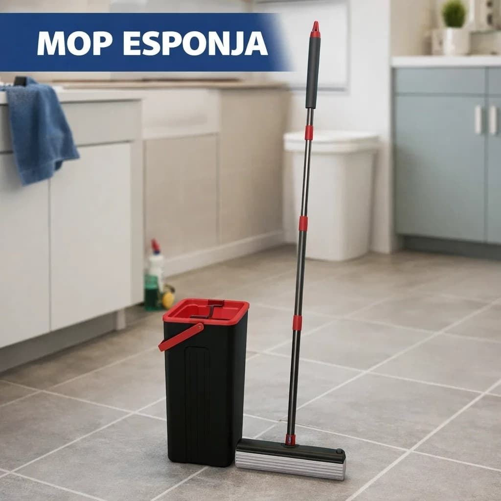 Mop Esponja Pro Balde Torcao Higienico sem Mao Cabo Aco Inox 125cm Limpeza Rapida