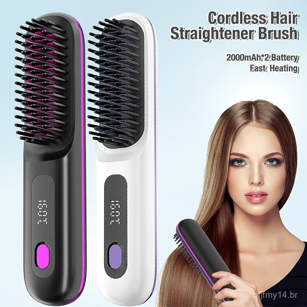 Escova Alisadora de Cabelo Sem Fio, Aquecimento Rápido, Alisador de Cabelo Quente para Mulheres, Leve, Porta de Carregam