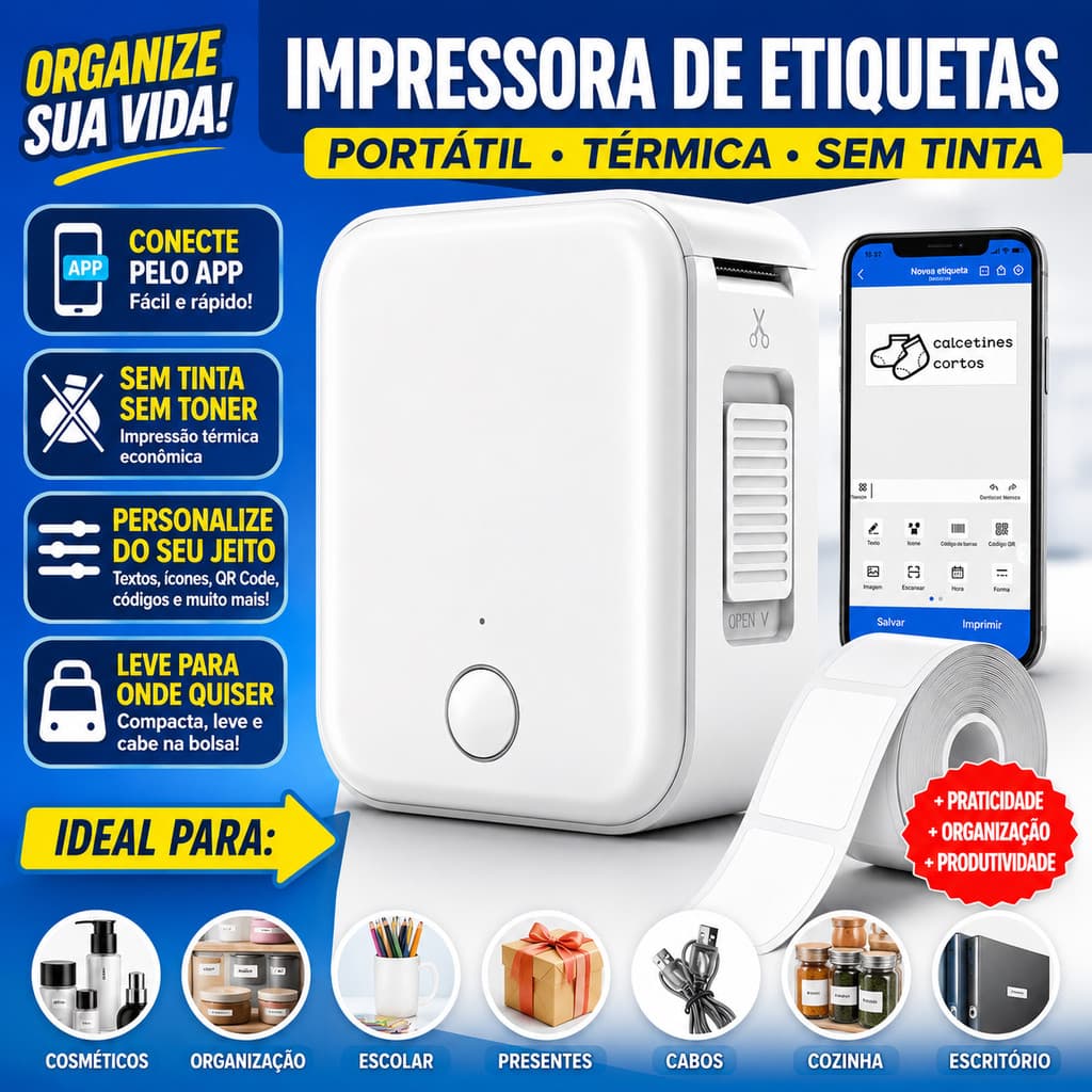 Impressora De Etiquetas Inteligente Térmica Bluetooth Sem Tinta iOS Android Com Bobina Adesiva Código Barras Preço Envio
