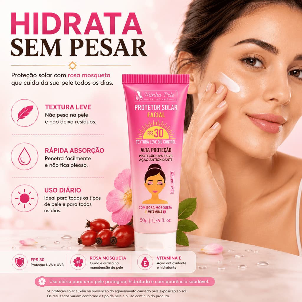 Protetor Solar Facial fps 30 com Rosa Mosqueta e Vitamina E Clareia e Protege 50g