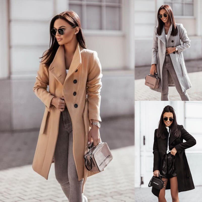 Casaco Feminino de Lã Slim para Outono e Inverno, Comprimento Médio, Elegante, Cor Sólida, Casaco Transpassado WF83 J0F8