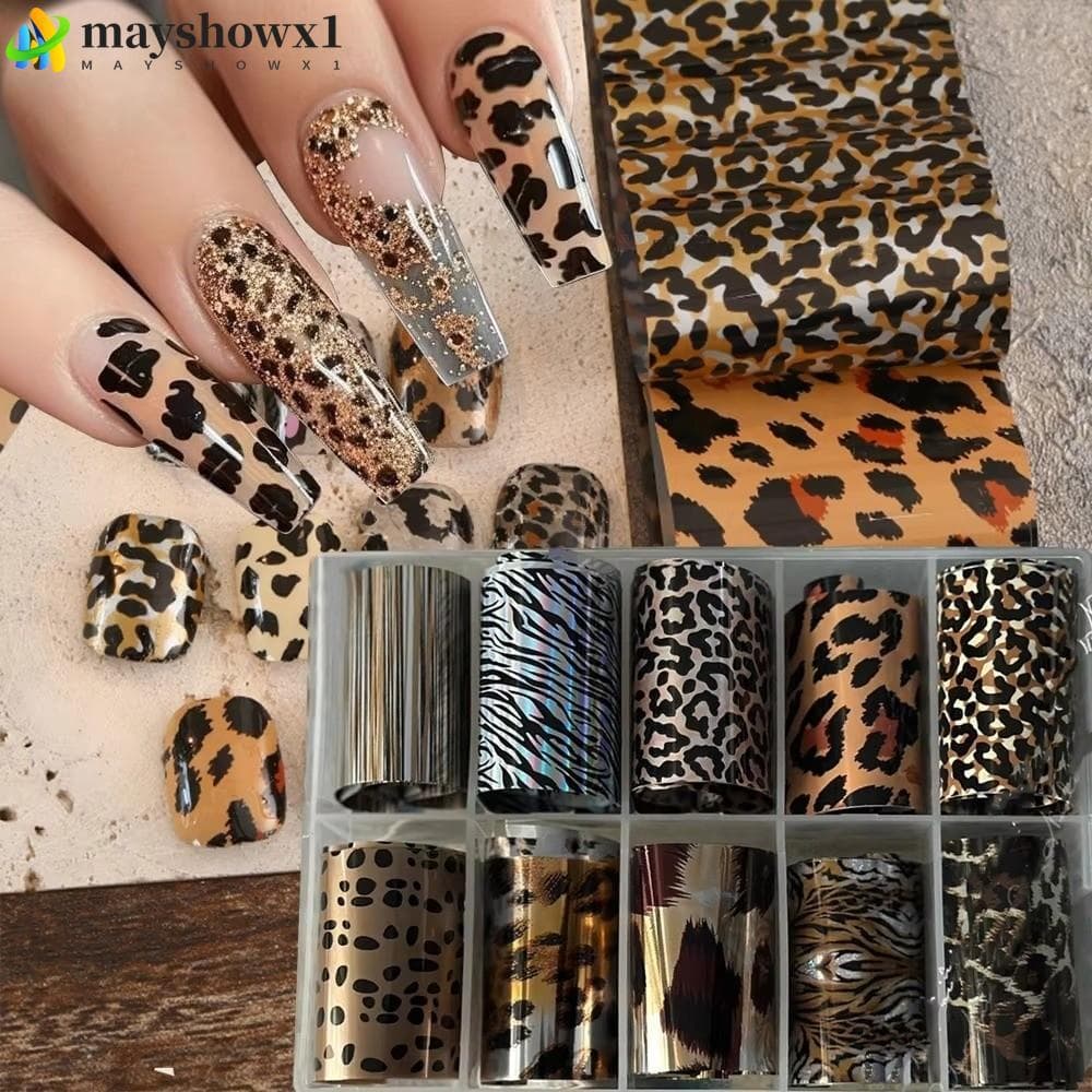 MAYSHOWX1 Adesivos De Unhas , Folhas Pretas E Brancas Com Estampa De Leopardo , Papel De Transferência De Design De Rend