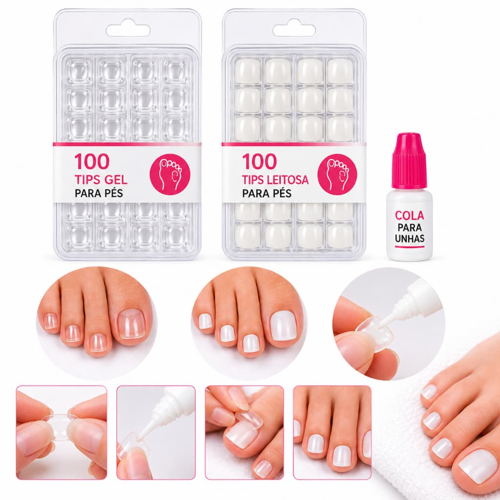 200 Tips para Pés Transparente e Leitosa  + Cola para Unhas – Reconstrução Profissional -Fácil aplicação -Material resis