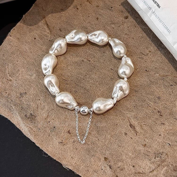 Pulseira Feminina Shijia, Pérola Barroca Imitada, Luxo Leve, Única e Elegante, Corrente Anti-Perda, Design co QLO3