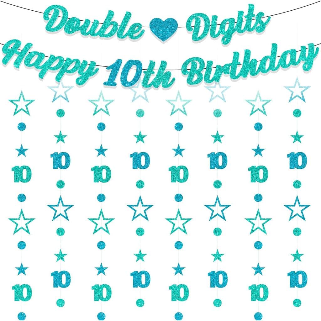 Decoração de Aniversário de 10 Anos para Meninos - 10 Peças de Faixa com Números Duplos em Glitter Azul-Petróleo, Guirla