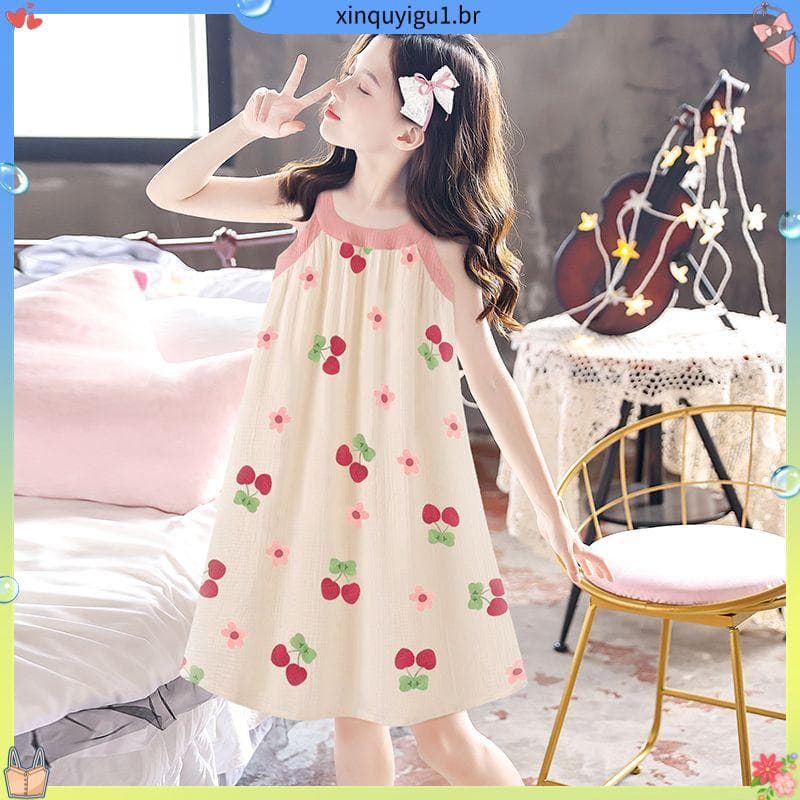 Meninas verão tecido algodão camisola crianças estilo fino Suspender saia menina estilo princesa pijamas sem mangas casa