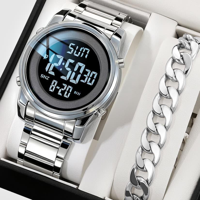 SKMEI 1611 Relógio masculino Top de luxo com tela de LED, pulseira de aço, relógio esportivo de luxo à prova d'água
