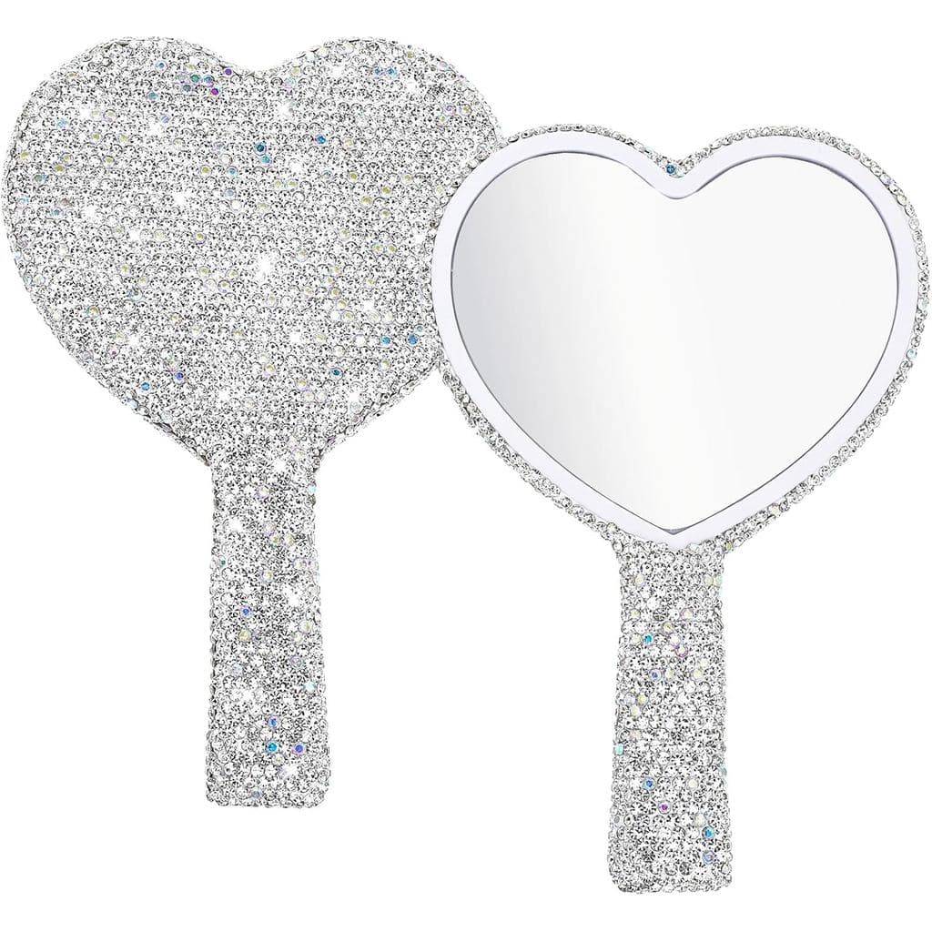 Espelho de mão com strass, formato de coração, brilhante e cintilante, 6,30 × 4,13 polegadas, espelho portátil com alça
