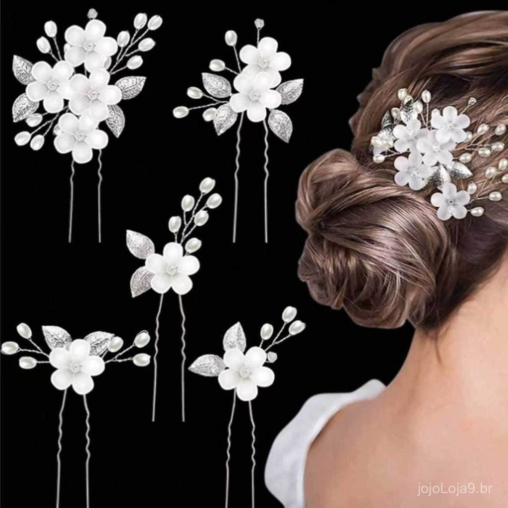 Conjunto de Pente de Cabelo de Casamento Para Noiva Com Pérolas Sintéticas e flores - Acessório de Cristal Para Dama