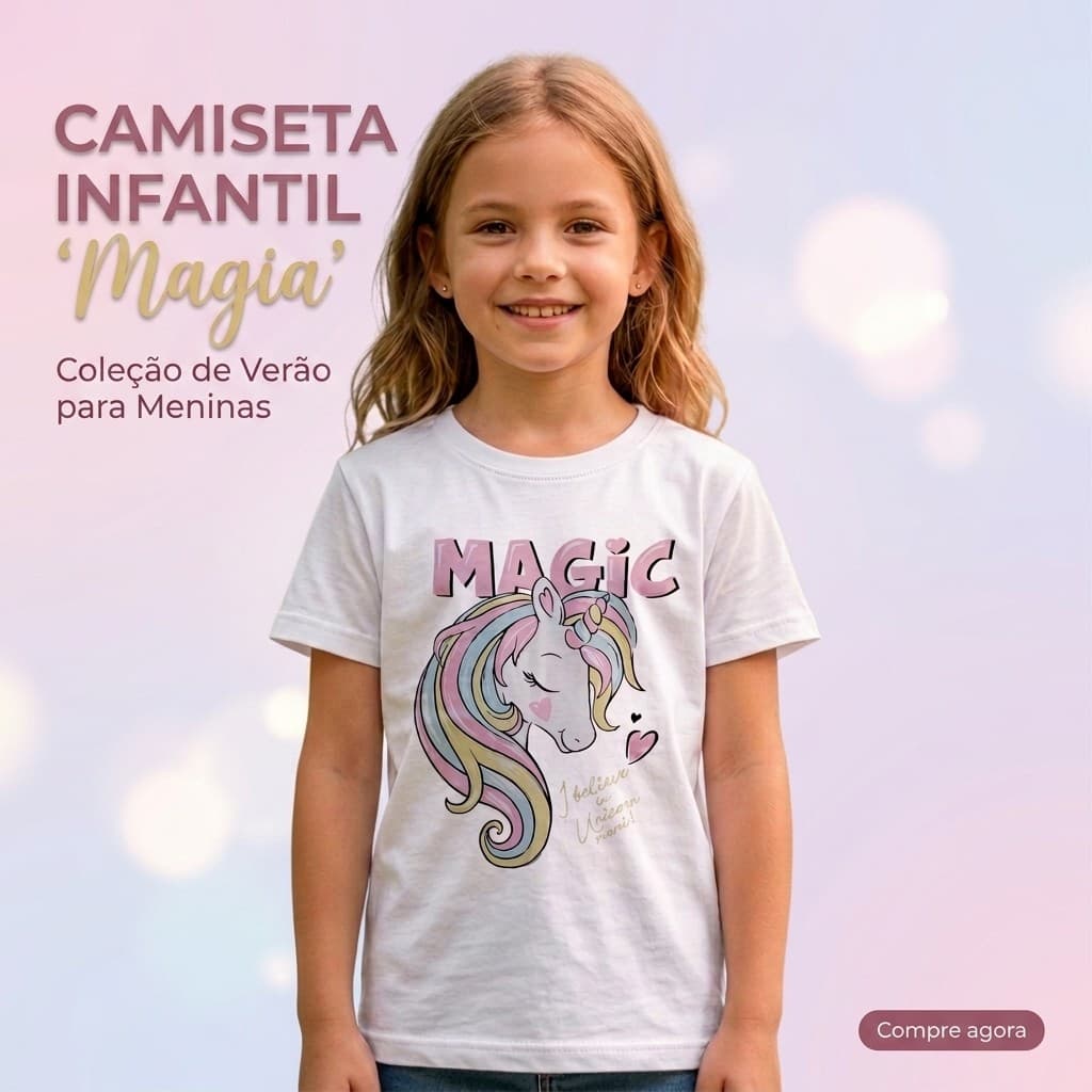 Camiseta Infantil Feminina Unicórnio Magic Estampada Manga Curta Confortável Casual para Meninas