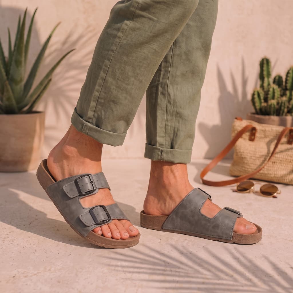 Sandália Masculina Confortável Birken Papete em Couro Ecológico Fivelas Ajustaveis