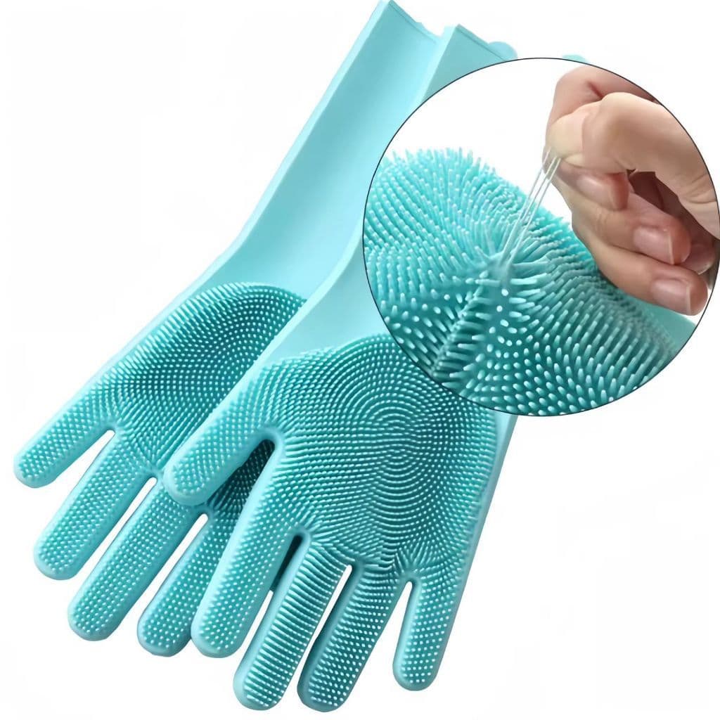 Luva de Silicone para Lavar Louça com Escova Integrada Antiderrapante Reutilizável Resistente ao Calor Par