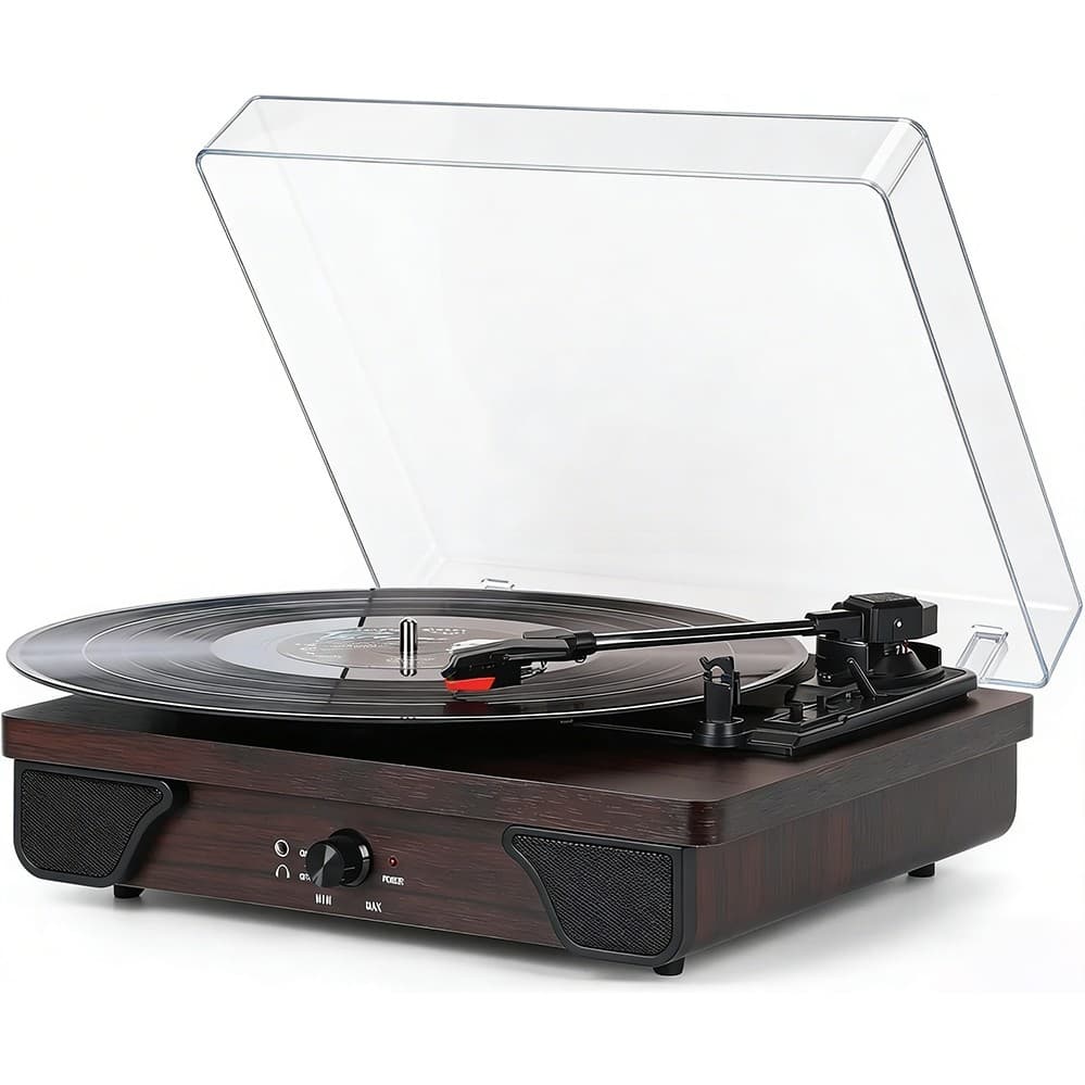 Toca-discos de vinil com alto-falantes, modelo retrô, acionamento por correia, prato giratório com 3 velocidades, reprod