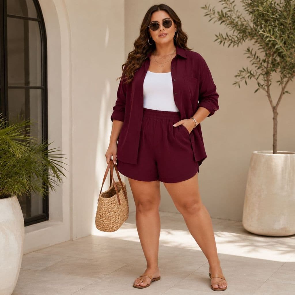 Conjunto de Linho Brisa Plus Size - Camisa Manga Longa e Shorts com Elástico
