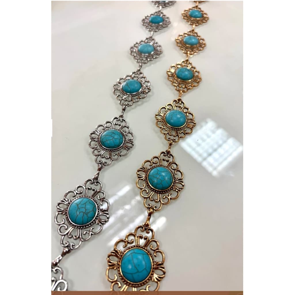 Cinto Feminino de Corrente Western com Pedras Turquesa e Detalhes Ornamentais