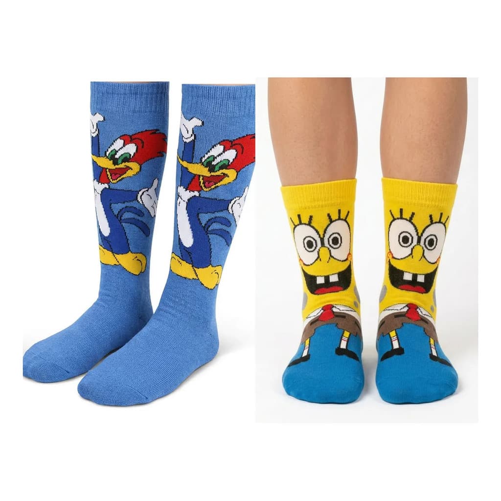 Kit 2 Meias Frio Pica-pau Bob Esponja Estampadas Personagem