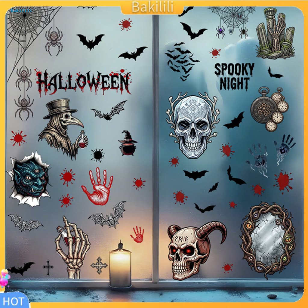 { Bakilili } Decalques Estáticos Para Janelas Adesivos Eletrostáticos De Halloween Crânio Demônio Sangue Handprints Clin
