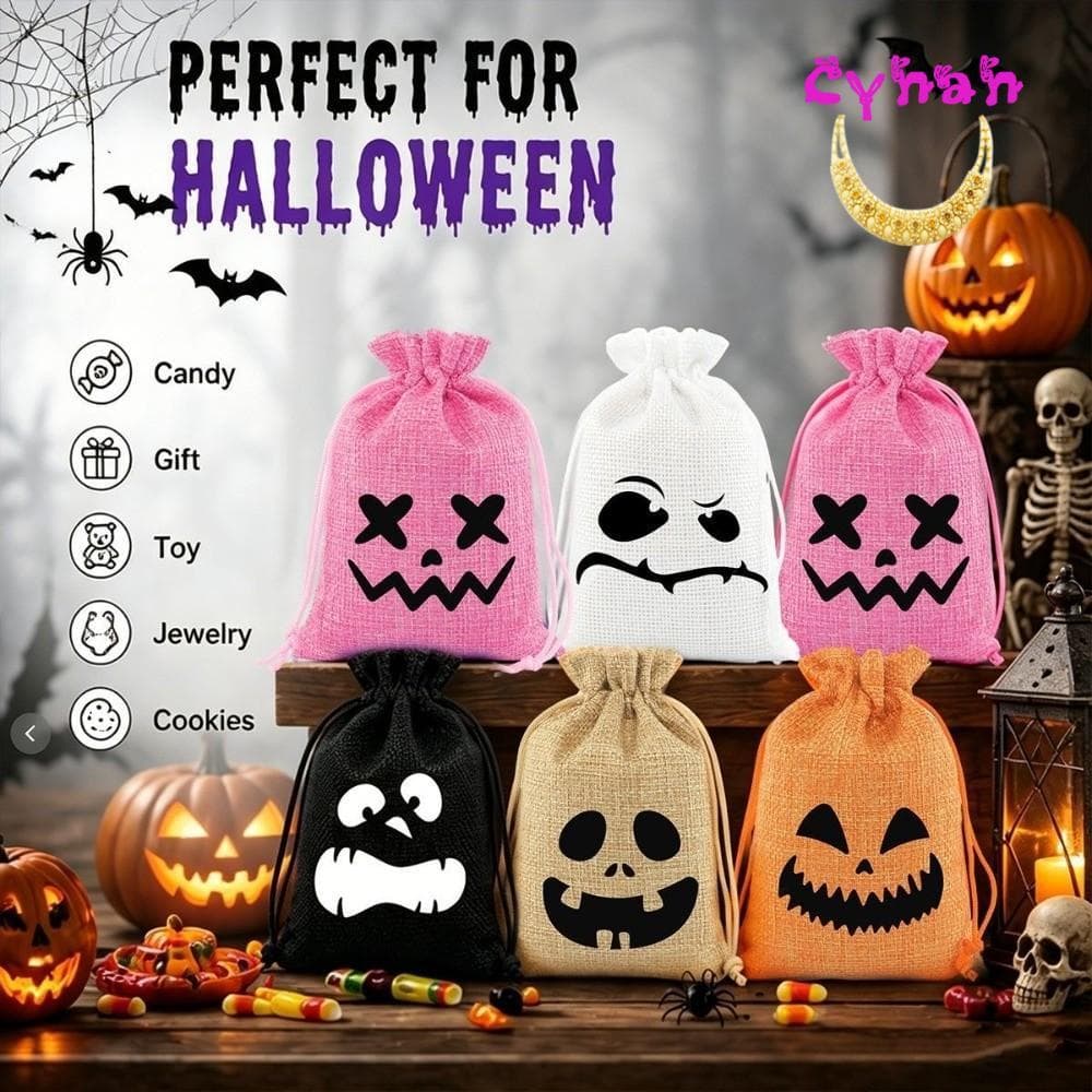 CYNAN 5 Unidades De Sacos De Doces De Halloween , Reutilizáveis De Linho Com Cordão Para Lembrancinhas Fecho