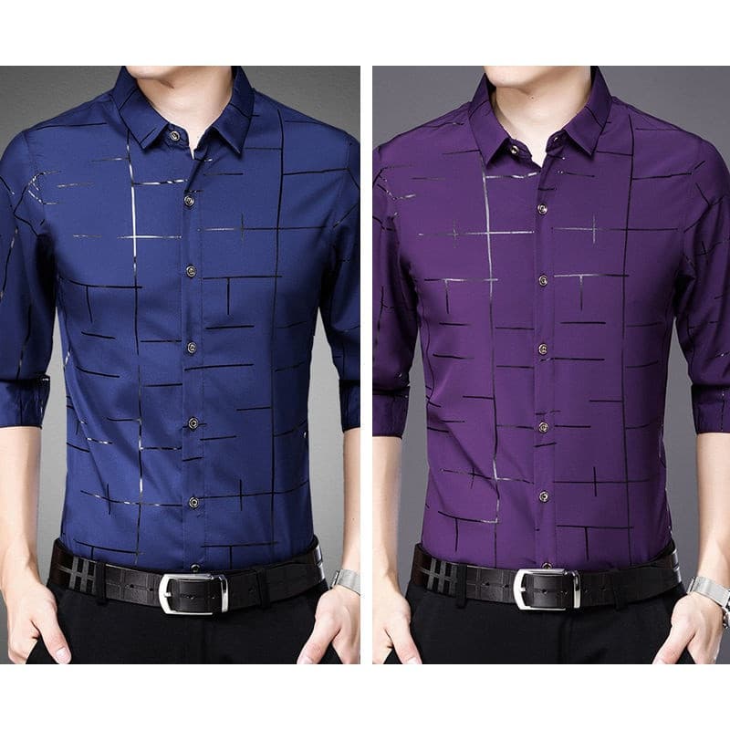 69441 Camisa Masculina de Manga Longa Casual Coreana para Trabalho e Escritório, Camisas Masculinas Novas Estampadas M-3