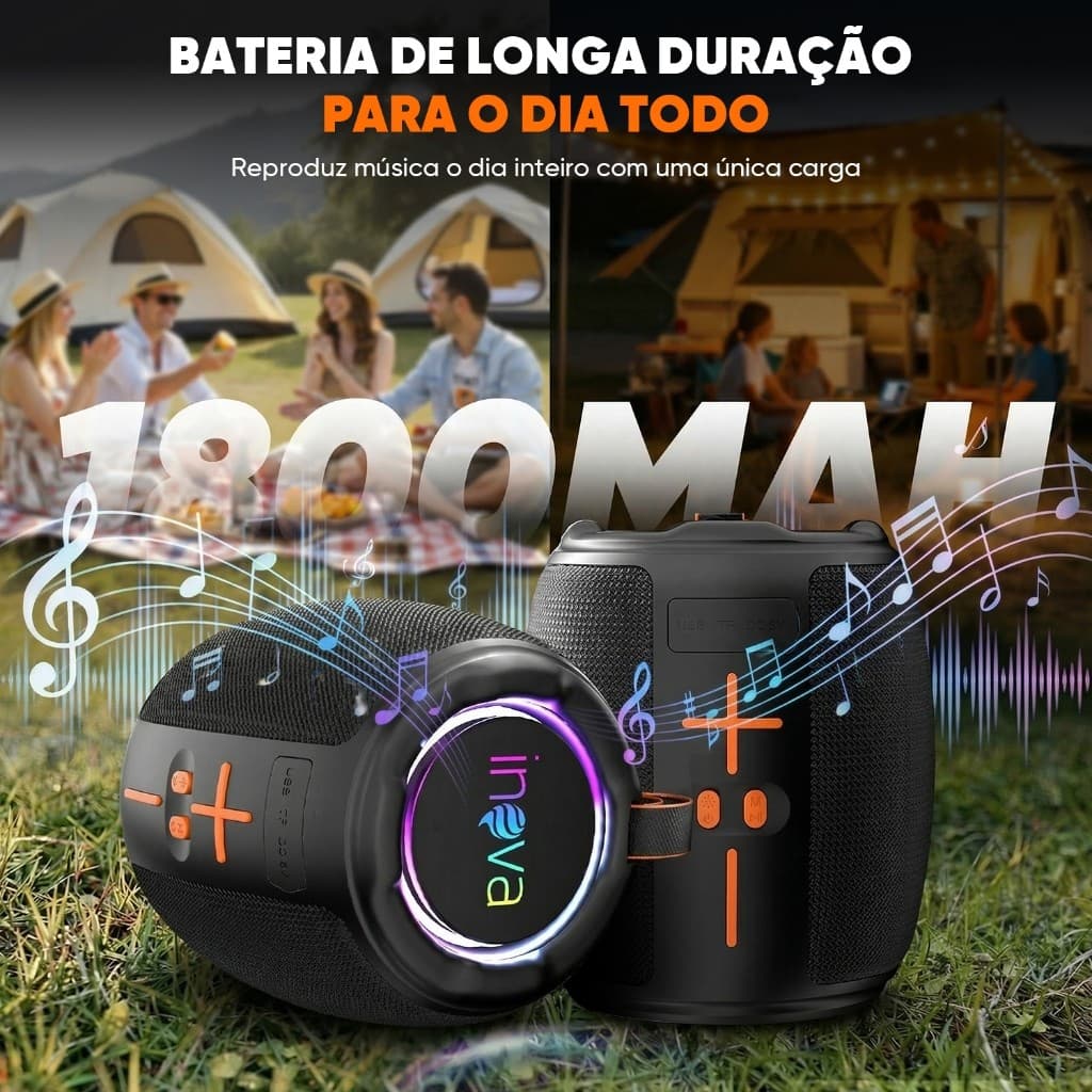INOVA Mini Caixa de Som Bluetooth 5.4 Portátil 10W TWS IPX5 Som 360° USB TF RGB 1800mAh