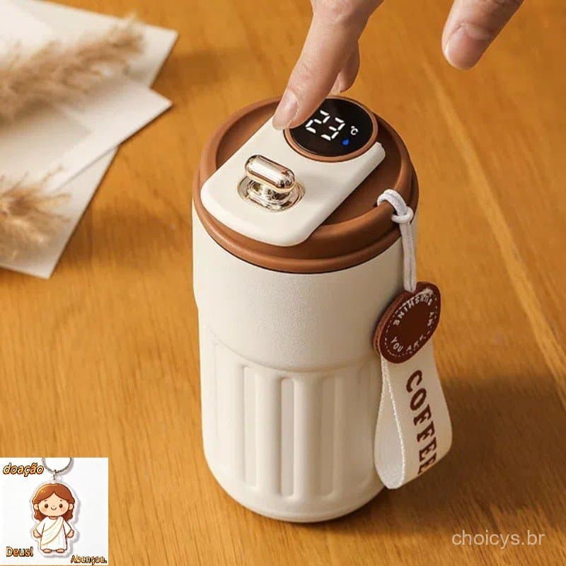 Copo Térmico Cafe Inox Portátil com tampa,420ml, Com LED Temperatura Antivazamento