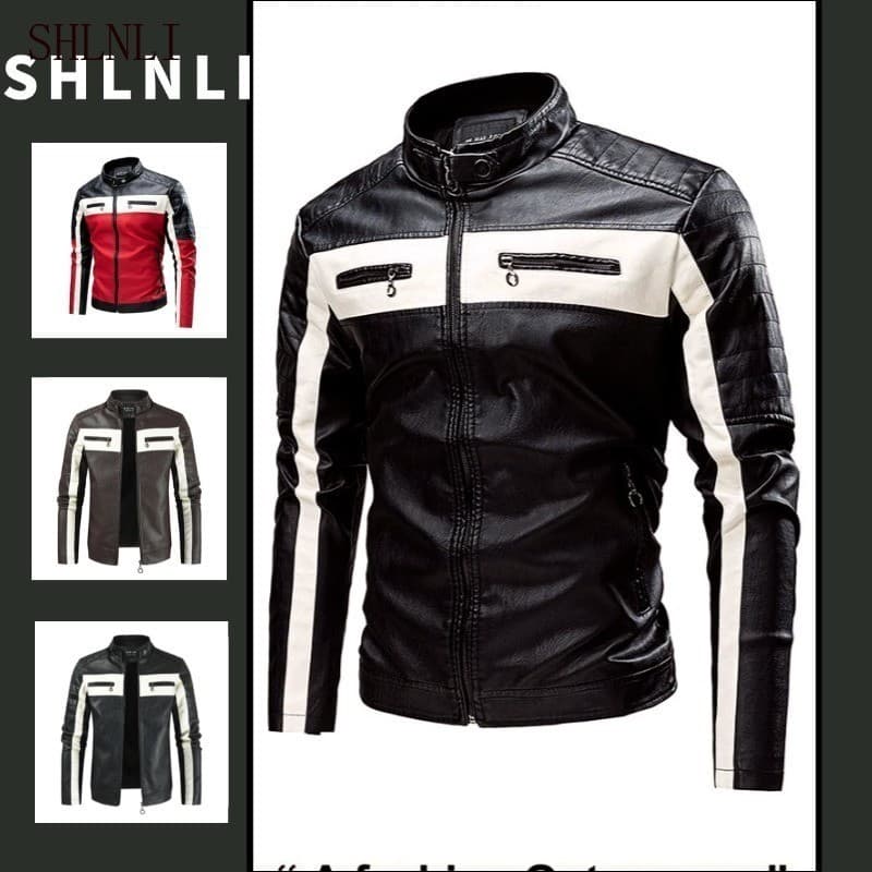 Primavera Outono Masculino Couro Do Plutônio Cor Bloco Zip Up Gola Jaqueta De Motociclista Motocicleta Rua Retro Outerwe
