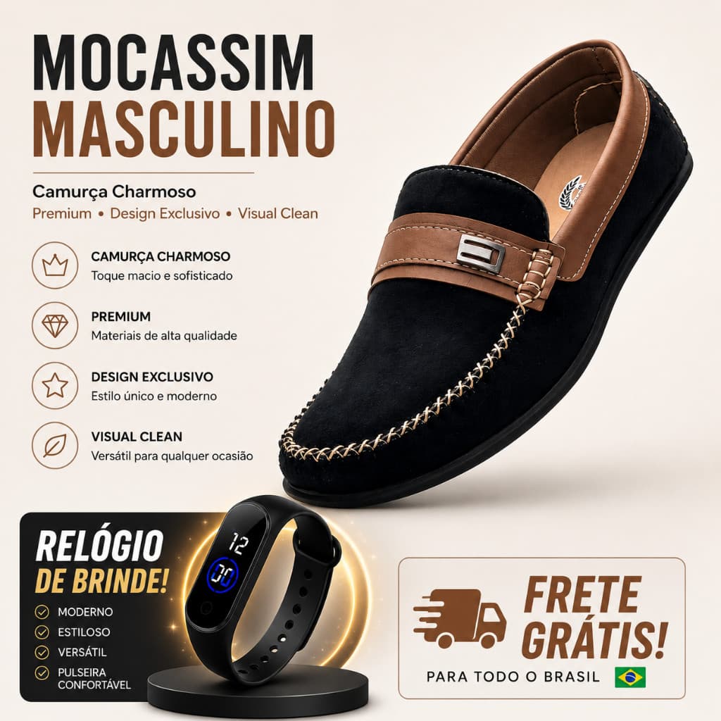 **Mocassim Masculino Camurça Preto e Caramelo Casual Elegante Confortável + Relógio de Brinde + Frete Grátis