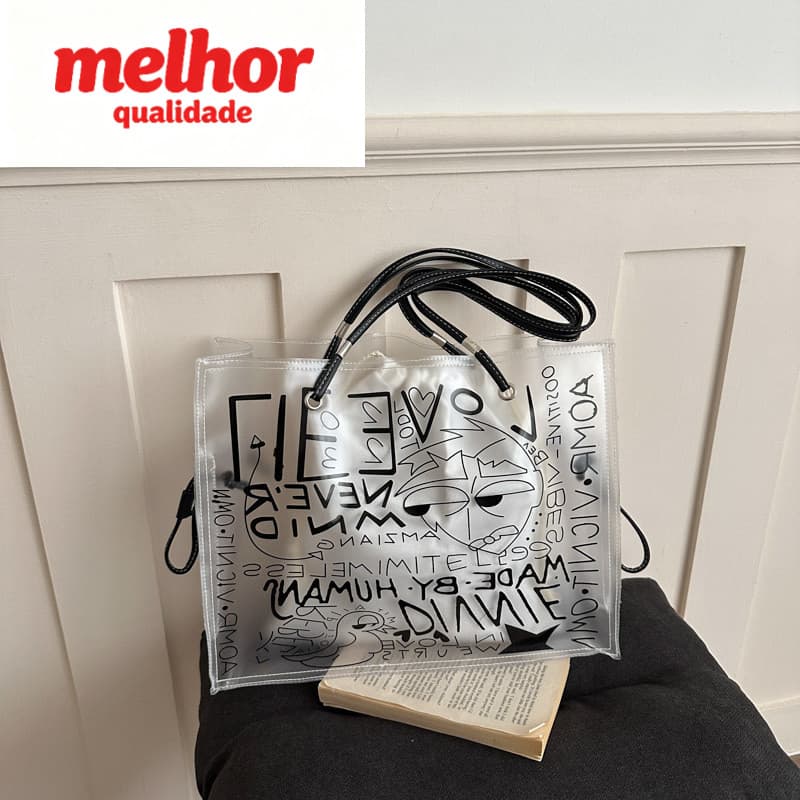 Bolsa Tote transparente transparente feminina PVC geléia bolsa de ombro de grande capacidade nicho Graffiti impressão ve