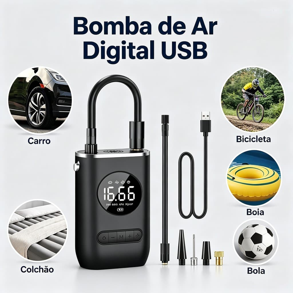Bomba Ar Digital Portátil USB Sem Fio 4000mAh | Calibrador Pneu Carro Moto Bicicleta Bola | Lanterna LED 4 Bicos