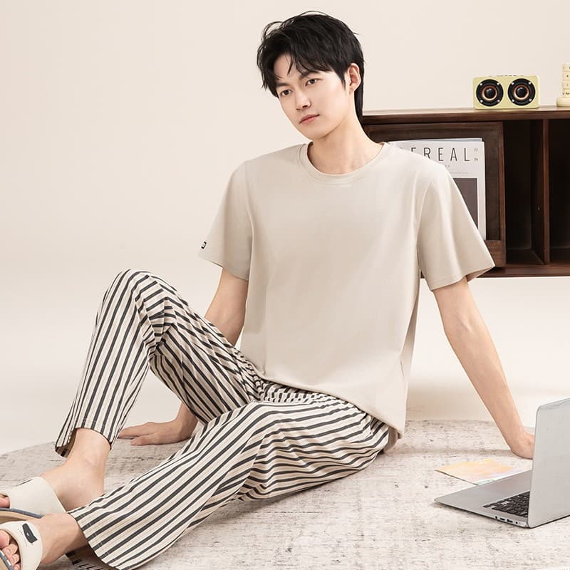 Pijamas masculinos verão calças de manga curta puro algodão verão ternos masculinos High-End Homewear primavera outono e