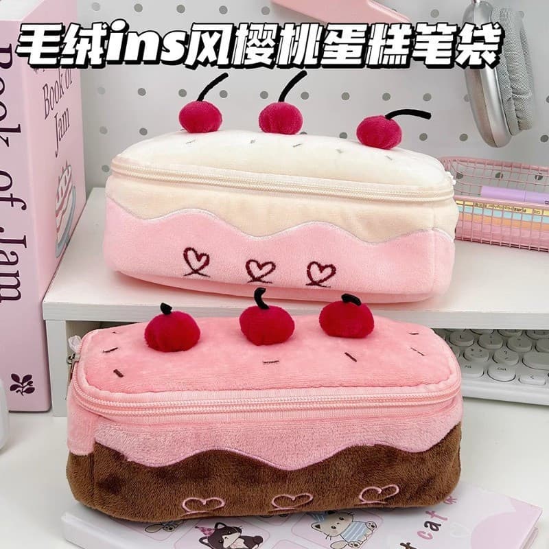 Kawaii Caso De Lápis De Pelúcia Grande Capacidade Cereja Bolo Design Bonito Material Escolar Papelaria Organizador Bolsa