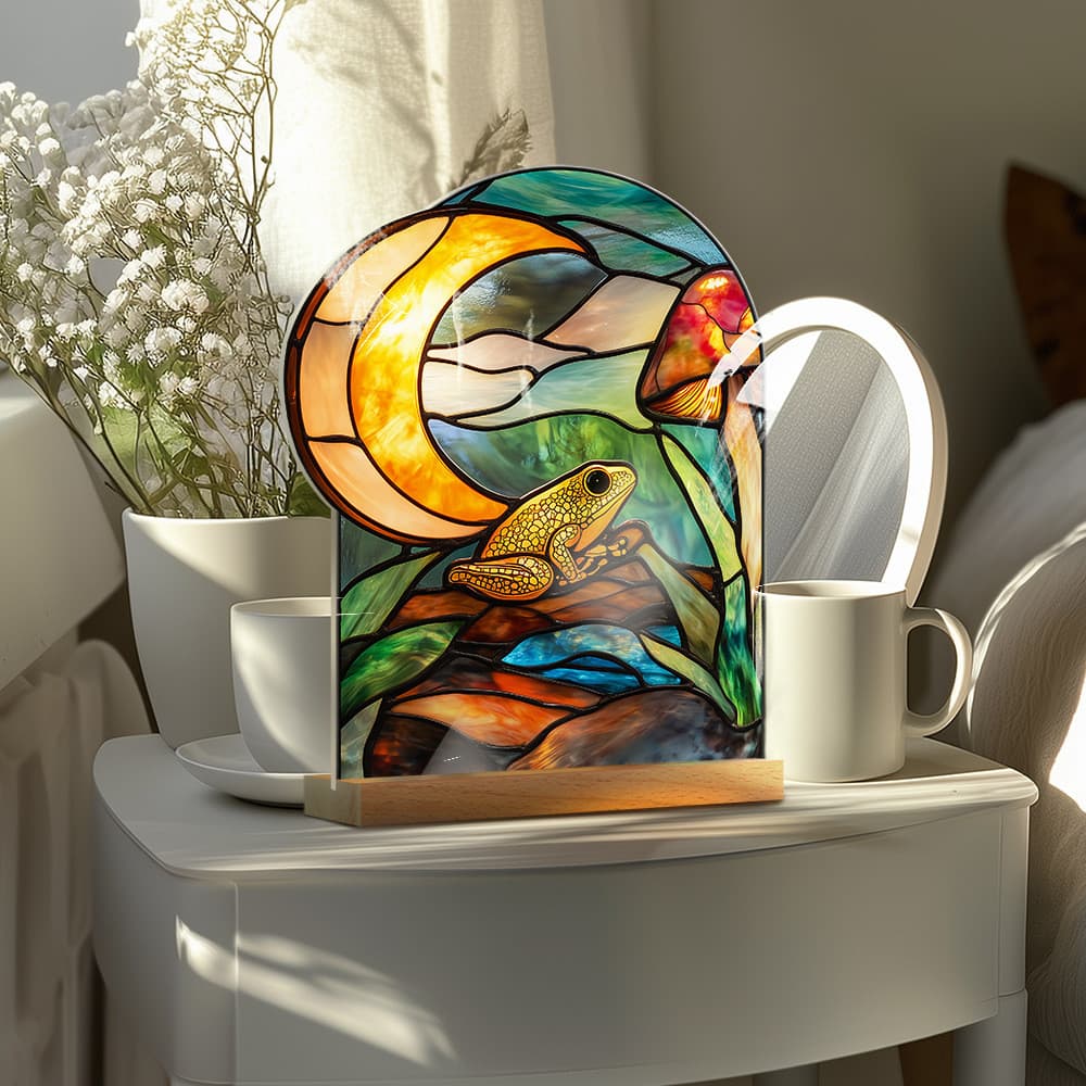[Estoque pronto] BTU460 Sapo Ornamentos Acrílicos Imitação de Textura de Vidro Mesa Flor Decoração de Mesa Base de Madei