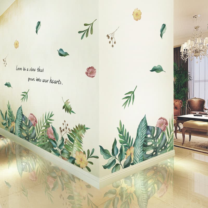 Sala de estar flores folhas verdes canto decoração rodapé adesivos de parede auto-adesivo papel de parede quarto decoraç