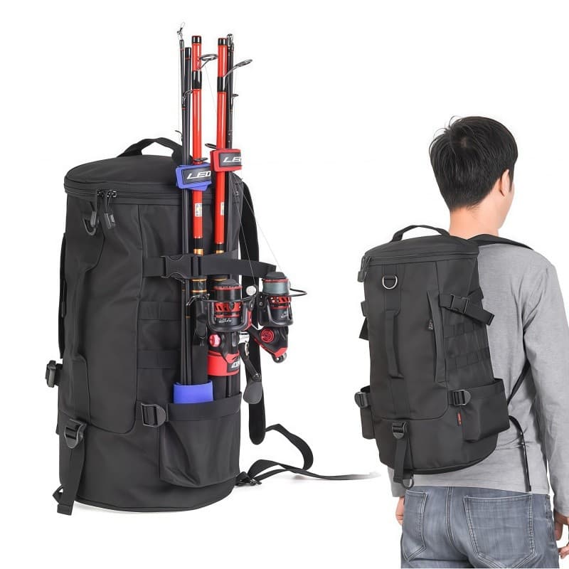 Mochila de Pesca Multifuncional Impermeável Grande Capacidade Bolsa Tática com Suporte para Vara