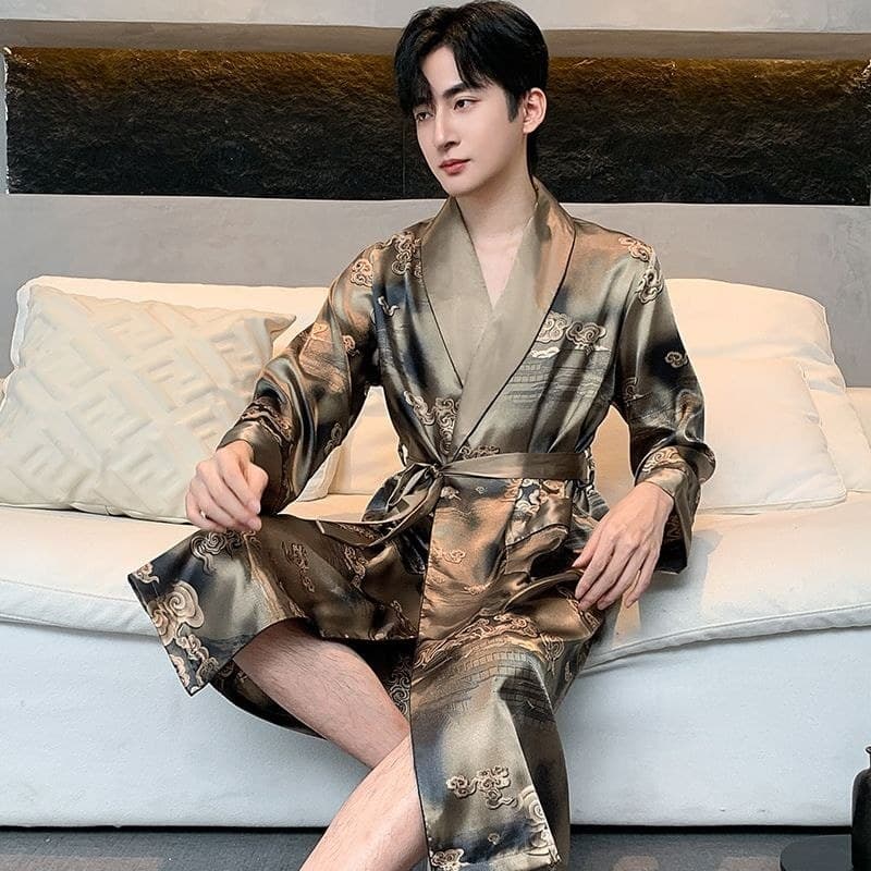 Camisola estilo nacional masculina de seda gelo manga comprida fina High-End sentimento imitação de seda pijamas roupão