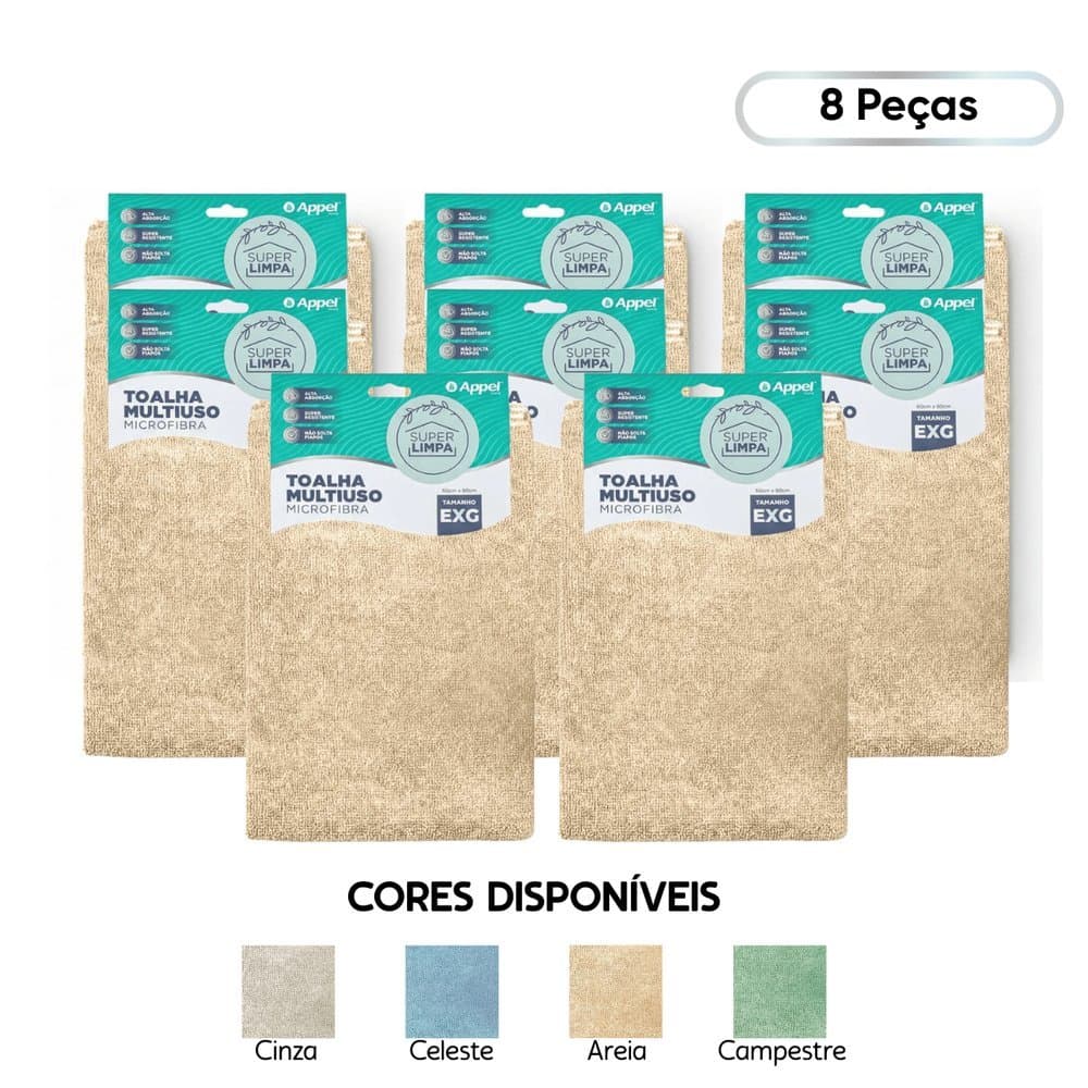 Kit 8 Panos de Microfibra Multiuso 60x90 Alta Absorção Super Limpa - Appel Home